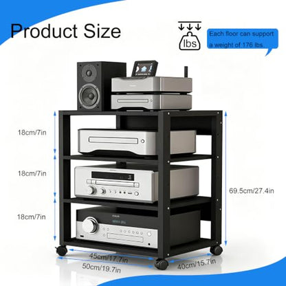 4 Tier Audio Rack Tower, CD Record Player Stereo Receiver AV Equipment Cabinet Display Rack, Weight Capacity 661 lbs, with Adjustable Wooden Shelves for Home (4 Tier Black) - size: 4 Tier Black