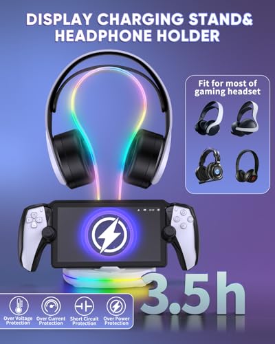 FYOUNG Gaming Headset Holder with Charging Dock Station for Playstation Portal,Atmosphere Light Stand with Magnetic Charging Headphone Stand & Extra 2 USB Charger Ports for Desktop PC Game Accessories