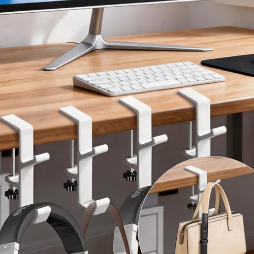 Desk Mount Bag Holder Hook Clamp, Bag Hook 4 Pcs-Double Hook White | Portable Purse Hook for Table, Reduce Desk Clutter, Desk Mount Headphones Holder, Backpack Hanger, Table Hanging Storage - color: 4 Pcs-Double Hook White