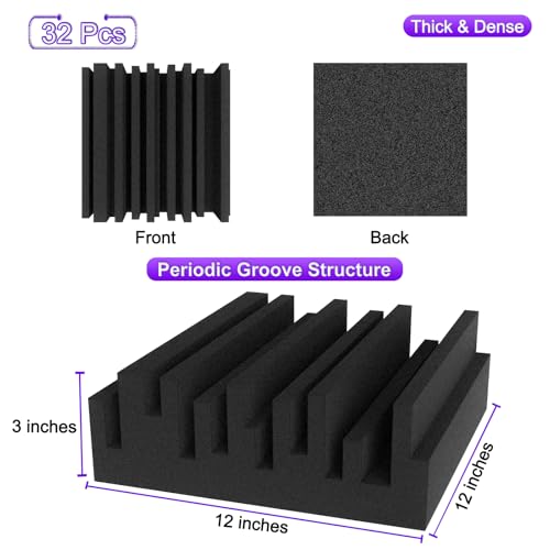 TroyStudio Thick Acoustic Foam Panels, 12 X 12 X 3 Inch 32 Pcs Broadband Sound Absorbing Foam, Dense Soundproof Padding Tile, Recording Studio Foam Absorber, Groove Decorative 3D Wall Ceiling Panel - size: 32 pcs