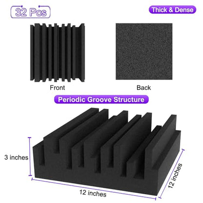TroyStudio Thick Acoustic Foam Panels, 12 X 12 X 3 Inch 32 Pcs Broadband Sound Absorbing Foam, Dense Soundproof Padding Tile, Recording Studio Foam Absorber, Groove Decorative 3D Wall Ceiling Panel - size: 32 pcs