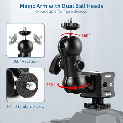 UTEBIT 3 Port Cold Shoe Mount with 1/4"-20 Thread, Black | Cold Shoe Extension Bracket with 3.8" Magic Arm Dual 1/4 Screw Head Adapter for Camera Cage Flash LED Monitor Microphone