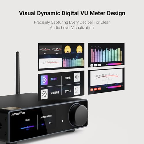 AIYIMA A80 Bluetooth Stereo DAC Amplifier TPA3255,PFFB & Digital VU Meter | USB Coax Opt & TRS Balanced Input,Pre-Out,12V Trigger,Tone &Remote,Hi-Res ESS9038Q2M Integrated Amp for 2.0/2.1 Home Theater