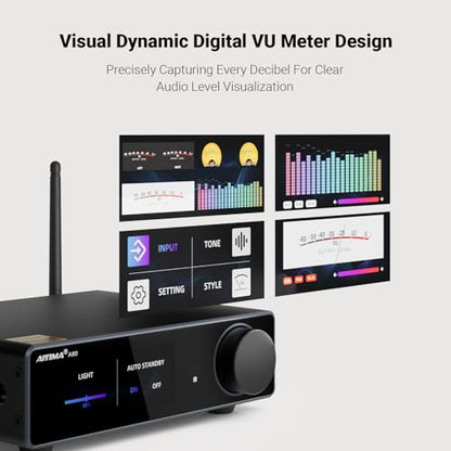 AIYIMA A80 Bluetooth Stereo DAC Amplifier TPA3255,PFFB & Digital VU Meter | USB Coax Opt & TRS Balanced Input,Pre-Out,12V Trigger,Tone &Remote,Hi-Res ESS9038Q2M Integrated Amp for 2.0/2.1 Home Theater