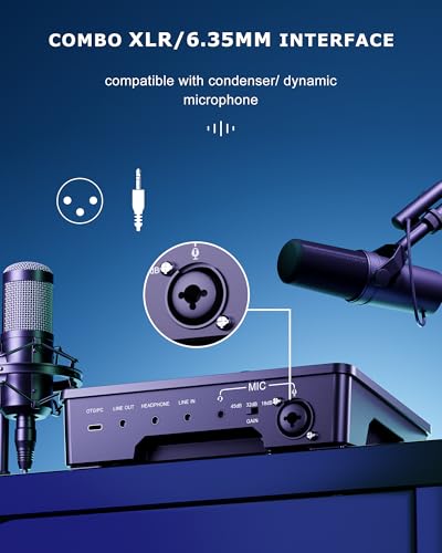 Gaming Sound Board Audio Interface Voice Changer for PC PS4 PS5 Streaming Mixer Soundboard Compatible with XLR Condenser/Dynamic Microphone