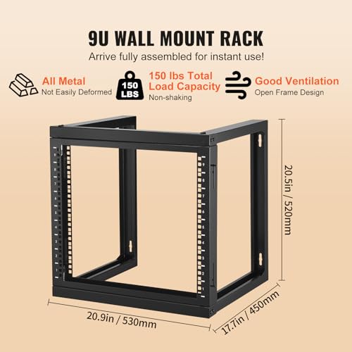 VEVOR 9U Server Rack, Wall Mount Network Rack for 19 Inch IT & AV Equipment, Open Frame 18" Deep 150 lbs Max Load Capacity - size: 9U-1