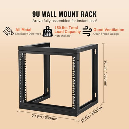 VEVOR 9U Server Rack, Wall Mount Network Rack for 19 Inch IT & AV Equipment, Open Frame 18" Deep 150 lbs Max Load Capacity - size: 9U-1