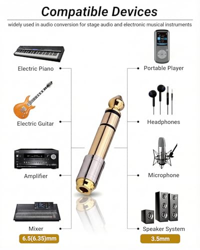 6.35mm(1/4 Inch) Male to 3.5mm(1/8 Inch) Female Headphone Adapter | 24K Gold-Plated Audio Jack Converter for Electric Piano and Drums, Amp, Guitar, Mixing Console, Aux Cable - 2 Pack - color: Normal Shank