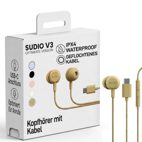Sudio V3 Essential Wired Earbuds | in Ear Headphones with Cable and USB-C Connector | Tangle-Resistant Braided Cable | Built-in Microphone | IPX4 Water Resistant | No Charging Needed | (Yellow) - color: Yellow