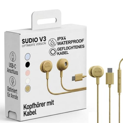Sudio V3 Essential Wired Earbuds | in Ear Headphones with Cable and USB-C Connector | Tangle-Resistant Braided Cable | Built-in Microphone | IPX4 Water Resistant | No Charging Needed | (Yellow) - color: Yellow