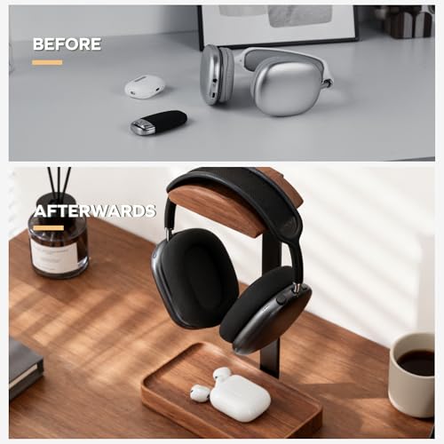 muso wood Walnut Headphone Stand, Wood Headset Stand with Storage Base | Desk Holder for Gaming & Office, Compatible with AirPods Max, Bose, Razer Headsets - color: walnut wood