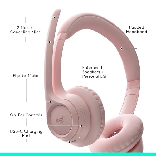 Logitech Zone 300 Wireless Bluetooth Headset with Noise Canceling - Rose | Microphone, compatible with Windows, Mac, Chrome, Linux, iOS, iPadOS, Android - color: Rose