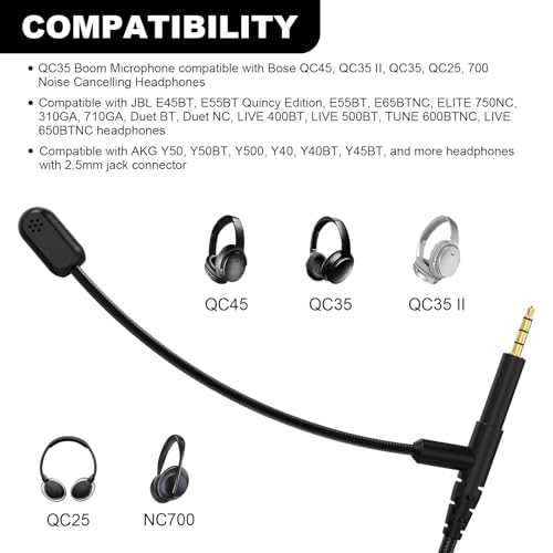 QC45 Boom Mic for Bose QuietComfort QC25 QC35 QC35II QC45 NC700 Headphone | 3.5mm to 2.5mm Audio Cable, Mute Switch, Volume Control, Boom Microphone, L-Shaped Plug, Nylon Braided Cord, 6ft