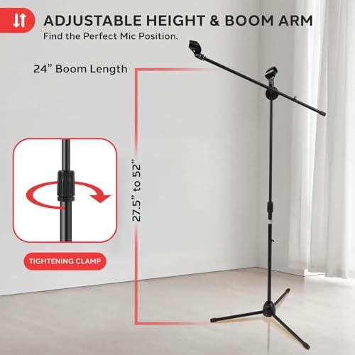 Pyle Universal Adjustable Tripod Microphone Stand - Pair of Heavy Duty Lightweight Professional Compact Extendable Stage Studio Floor Standing Boom Mic Holder w/ Carry Bag, 5/8" Adapter