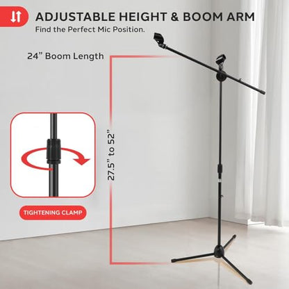 Pyle Universal Adjustable Tripod Microphone Stand - Pair of Heavy Duty Lightweight Professional Compact Extendable Stage Studio Floor Standing Boom Mic Holder w/ Carry Bag, 5/8" Adapter