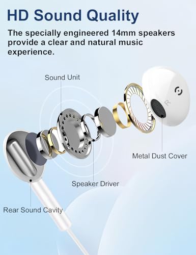 MAS CARNEY Wired Earbuds in-Ear Headphones with Mic for iPhone, School, MP3 | AUX Earbuds Wired Ear Buds for Student, Laptop, Computer, Airplane Travel, iPod, Kids, Smartphone, Samsung – 3.5mm Audio Jack - color: White