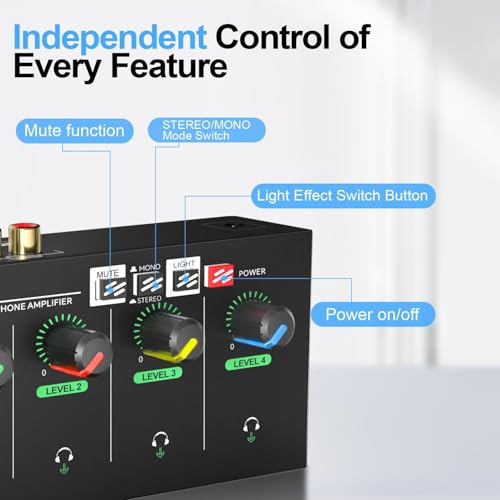 4 Channel Headphone Amplifier, 8 Outputs Stereo Audio Amplifier | Metal Headphone Amp with 1/4", 1/8" & RCA Inputs, RGB Volume Control, Stereo/Mono Switch for Studio, Podcast, Streaming - size: S