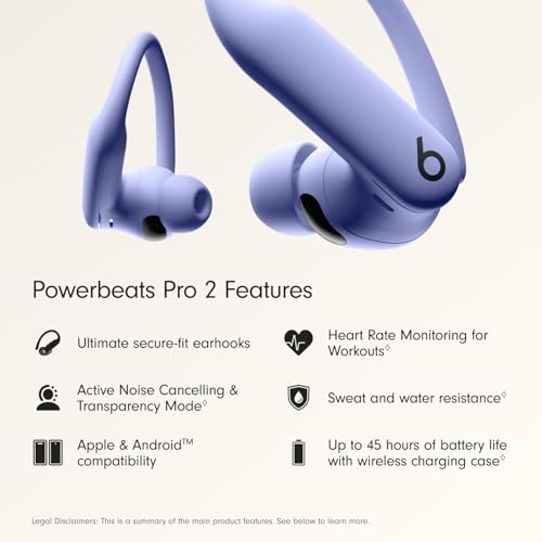 Beats Powerbeats Pro 2 - Wireless Noise Cancelling Workout Earbuds with Secure- Fit Earhooks, Up to 45-Hour Battery with Charging Case, Sweat & Water Resistant, Heart Rate Monitoring - Hyper Purple | H2 chip with ANC and biometric sensors for workouts, ru