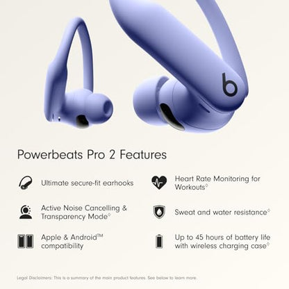 Beats Powerbeats Pro 2 - Wireless Noise Cancelling Workout Earbuds with Secure- Fit Earhooks, Up to 45-Hour Battery with Charging Case, Sweat & Water Resistant, Heart Rate Monitoring - Hyper Purple | H2 chip with ANC and biometric sensors for workouts, ru