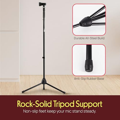 Pyle Tripod Microphone Stand, Height Adjustable from 39.37" to 66.14'', Mic Stand for Floor, Sturdy and Durable Build, Non-Slip Rubber Feet, With 5/8" Screw Adapter, Cable Clip, Compact Folding Design - size: 39.37" - 66.14''
