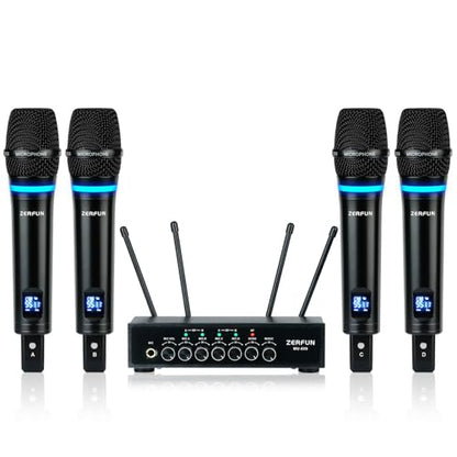 4 Channel Rechargeable Wireless Microphone System, Pro UHF Metal Handheld Wireless Microphones Cordless Mics with Echo Bluetooth VOL Channel Control for Karaoke Singing Church(MU-898)