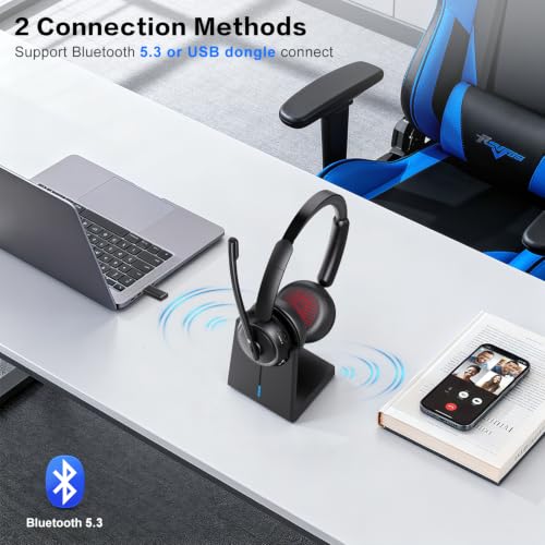 Wireless Headset with Mic for Work, Bluetooth Headphones with Microphone (Noise Cancelling & Mute Button), Wireless Headset with mic for Work/Computer/PC/Laptop/Cell Phones/Call Center/Teams/Zoom/Home