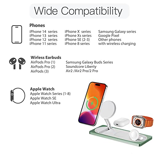 3 in 1 Wireless Charging Station for Apple Devices with MagSafe | For iPhone 17/Air/16/15/14/13/12, AirPods & Apple Watch, Foldable Portable Aluminum Charging Stand, Adapter Included - color: Sprout Green
