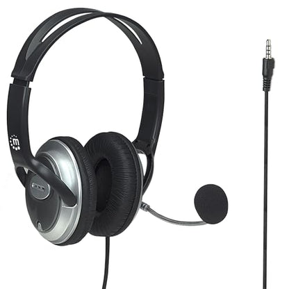 MANHATTAN Wired Stereo Headset with Mic, 3.5 mm Plug, 8 ft Cable | Over-ear fit with padded earcups, adjustable band and boom, pop-noise reduction, 32-ohm audio for calls and gaming