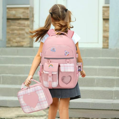 ACESAK Backpack for Girls with Headphones - Girls Backpack with Lunch Box, Pencil Case & Kids Headset - 3.5mm Wired Headphones for School Bookbag Schoolbag Set Back To School Gift (Pink) - color: Pink