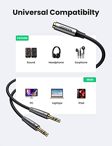 UGREEN Headphone Splitter Cable 3.5mm 2 Male to Female PC Headset Adapter | Connects TRRS Headset to PC with Separate Mic Audio Ports, Oxygen-free Copper, Braided Cable, Aluminum Alloy Case, 7.8 inch