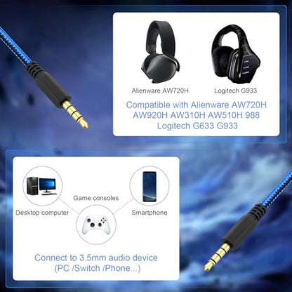 AW510H Detachable Gaming Headset Cable Compatible with Alienware AW720H AW310H 988 Alienware Dell Gaming Headset,Nylon Braided Wire with Inline Mute Switch and Volume Controller(Blue,6.5ft) - color: Blue