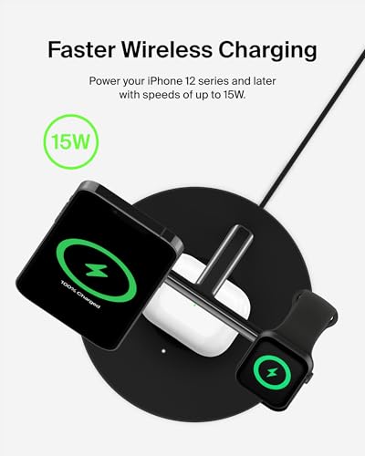 Belkin MagSafe 3 in 1 Wireless Charging Stand, 2nd Gen, 33% Faster | Apple Watch, iPhone 16/15/14, AirPods compatible, multi-device charging station, faster charging, Magnetic - color: Black, style: Chrome Finish