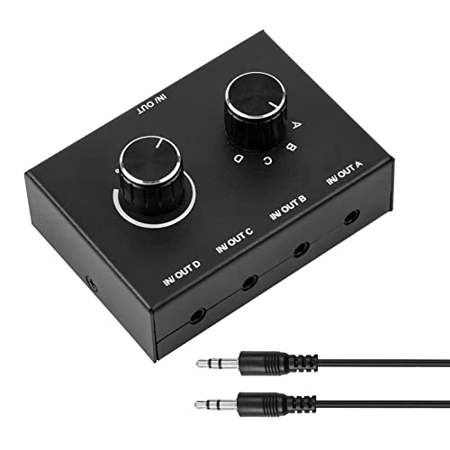 4 Way 3.5mm Stereo Audio Switch, AUX 3.5mm Audio Switch Audio Switcher Passive Speaker Headphone Manual Selector Splitter Box Audio Sharing (4/1 in -1/4 Out)