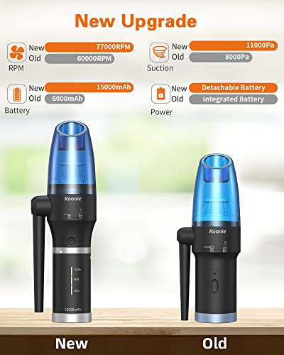 Koonie Compressed Air Duster,Koonie 15000mAh Cordless Air Duster&Vacuum 2 in 1 Powerful 77000RPM/11000PA 2 Speeds Electric Air Duster with Detachable Battery,for Computer/Keyboard,Car,Electronics