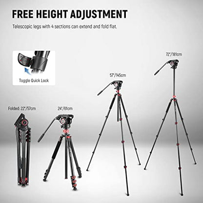 NEEWER 72" Fluid Head Video Tripod Monopod, Aluminum Alloy QR Plate Compatible with DJI RS Gimbal, 360° Pan & +90°/-70° Tilt for DSLR Camera Camcorder, Max Load 13.2lb/6kg, TP72A - style: TP72A