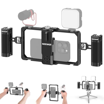 NEEWER Upgraded Phone Rig Vlogging Kit, Video Stabilizer with Dual Handle, Wireless Mic Clip Slot for TikTok YouTube, Compatible with SmallRig iPhone 17 Pro Max 16 16e 15 Galaxy S25 Ultra, PA009 - style: PA009