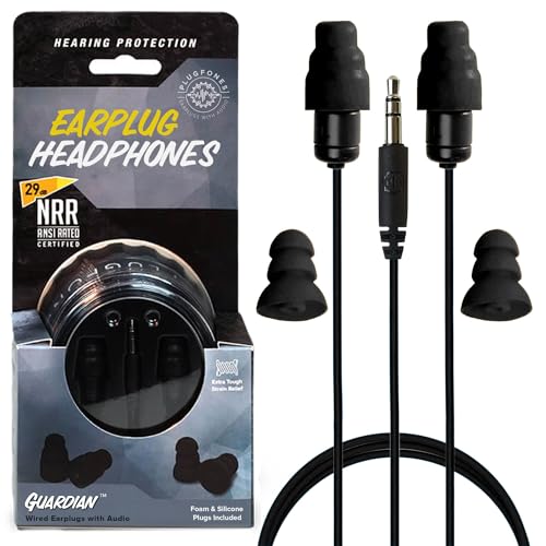Plugfones Guardian Earplug Headphones - OSHA Compliant Noise-Reducing in-Ear Headphones with Hearing Protection - Wired Hybrid Design for Work and Travel - Includes Silicone & Foam Earplugs - Black - color: Black
