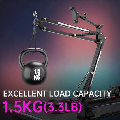 Heavy Duty Mic Boom Arm RGB Steel Scissor Desk Stand for Podcast Gaming | Supports 3.3lb. Thickened alloy steel. Phone holder.12 Light modes.Tool-free. For streaming podcast gaming singing recording