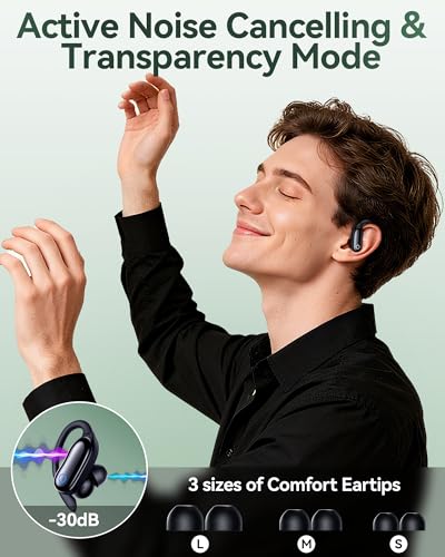 GNMN Active Noise Cancelling Ear Buds Wireless Earbuds 96hrs Playback Bluetooth Headphones Dual Battery Display Stereo Bass Earphones with Earhooks Microphone IPX7 Waterproof for Sports/Runing/Workout