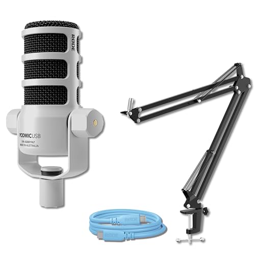 Rode PodMic USB White Dynamic Broadcast Microphone with Rode SC27 Blue USB-C to USB-C Cable and StreamEye Adjustable Boom Arm