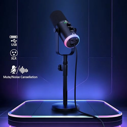Podcast Microphone,USB/XLR Dynamic Mic,RGB Light,Mute‑Button,Stand,TX2