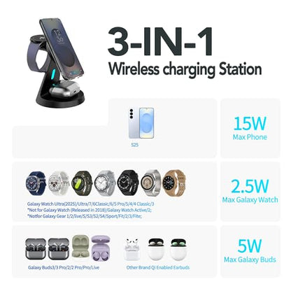 for Samsung Galaxy S25 Dedicated Magnetic Charging Kit，3 in 1 Charging Station Compatible with MagSafe Samsung Charger for Watch Charger Stand for Galaxy Watch Ultra 8 7, for Buds