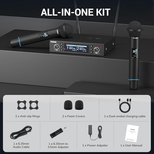 TONOR Rechargeable Wireless Microphone System, Dual Metal Handheld Cordless Mic with Box Receiver, 2x100 UHF Professional Dynamic Mic for Karaoke, Church, Singing, Wedding, DJ, 100 m/328ft, TW750 - style: Box Receiver