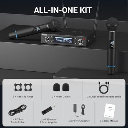 TONOR Rechargeable Wireless Microphone System, Dual Metal Handheld Cordless Mic with Box Receiver, 2x100 UHF Professional Dynamic Mic for Karaoke, Church, Singing, Wedding, DJ, 100 m/328ft, TW750 - style: Box Receiver
