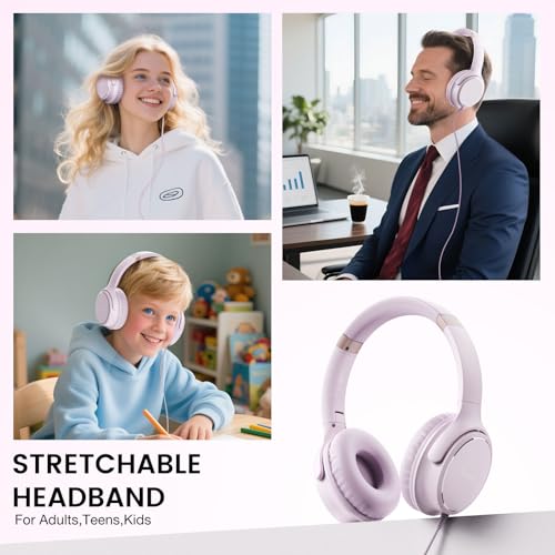 USB C Wired Over-Ear Headphones with Microphone | Volume Control, Share Port, Adjustable Headband Foldable Stereo Headset for Adult/Teens for iPhone 16, Laptop, Gaming, Travel - color: Pink