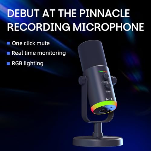 USB/XLR Desktop Dynamic Microphone with RGB Lighting, Noise Reduction, Mute Button & Headphone Jack - Podcast, Gaming, Streaming Mic for PC & Computer (Black) - color: Black