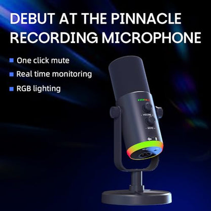 USB/XLR Desktop Dynamic Microphone with RGB Lighting, Noise Reduction, Mute Button & Headphone Jack - Podcast, Gaming, Streaming Mic for PC & Computer (Black) - color: Black