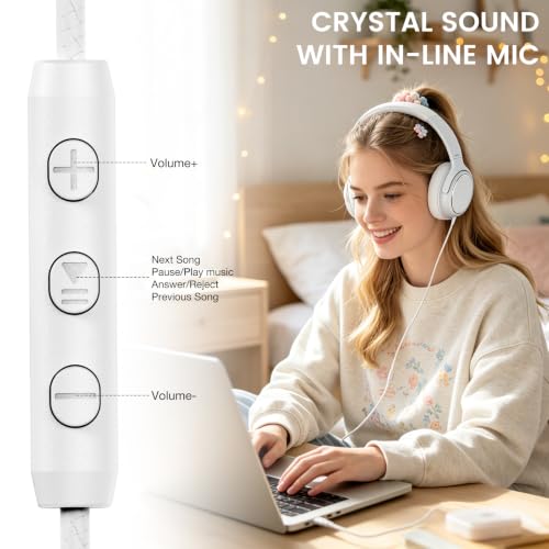 USB C Wired Over-Ear Headphones with Microphone | Volume Control, Share Port, Adjustable Headband Foldable Stereo Headset for Adult/Teens for iPhone 16, Laptop, Gaming, Travel - color: White