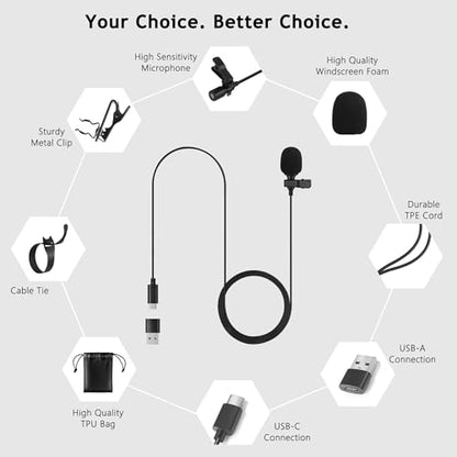 USB-C & USB-A Lavalier Microphone for Smartphones & Computers, 6.6 ft | Omnidirectional Clip-on Mic for iPhone 17/16/15, Samsung, Google, OnePlus and PCs, Ideal for YouTube, Interviews and Podcasts