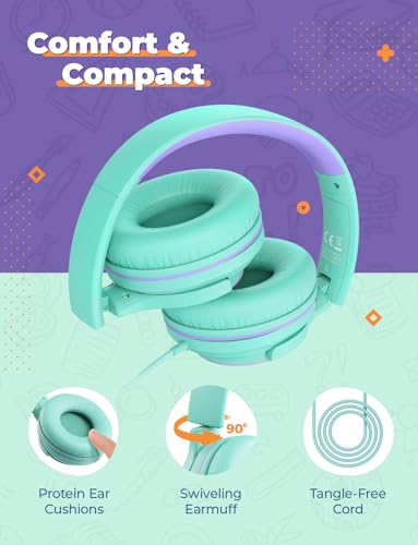 iClever HS22 2-Pack Kids Headphones with Sharing Splitter for School Travel | SafeSound Tech3.0, Share Audio, Tangle-Free, 3.5mm Jack, Foldable, Stereo Sound, Wired Headphones for Kids, Green & Blue - color: Green & Blue